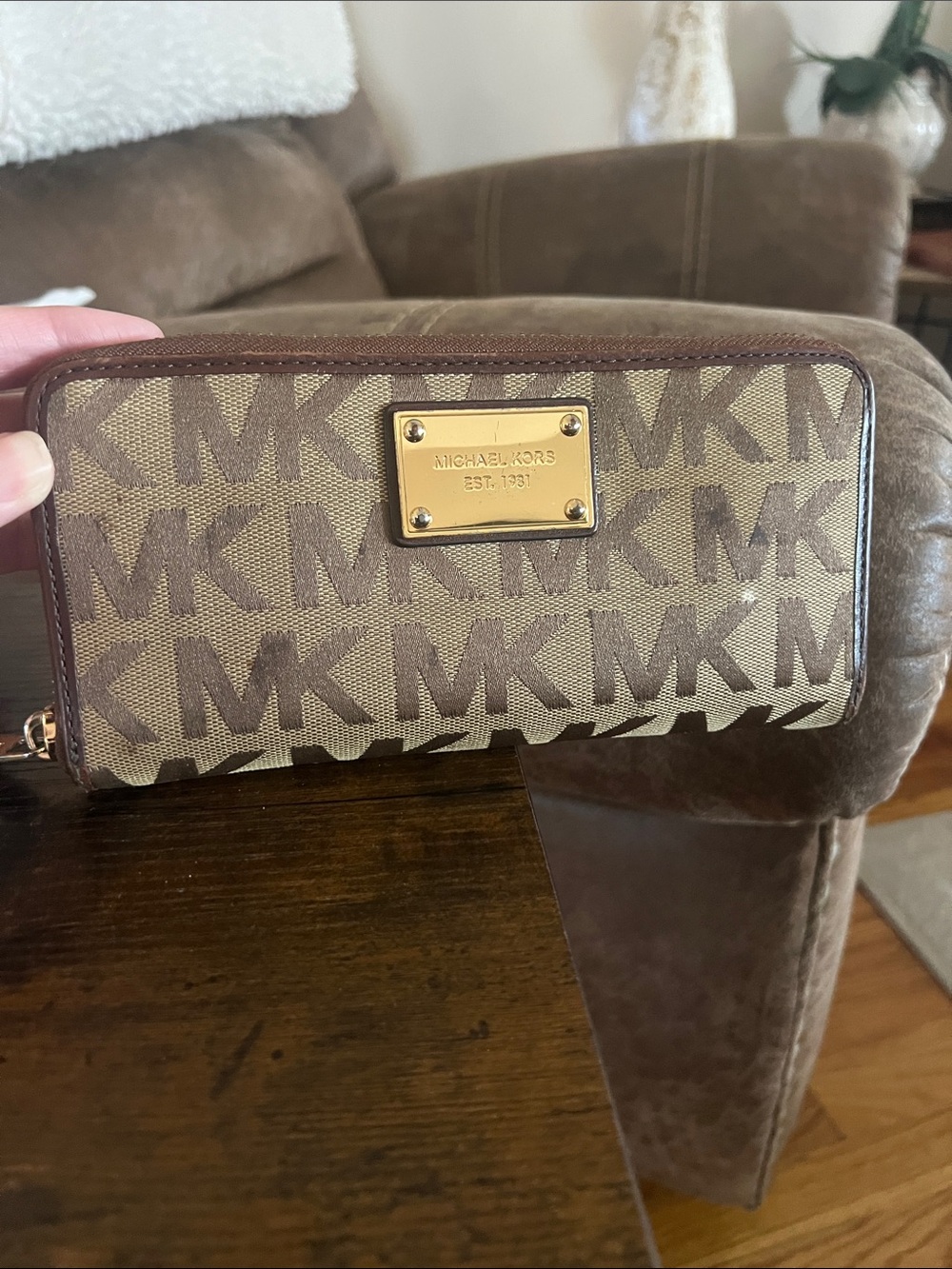 Michael Kors Tan and Brown MK Signature Zip Wallet